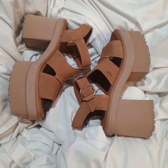 UGG New Heights Platform T-Strap Tan Sandals Size 9.5 - Picture 4 of 4